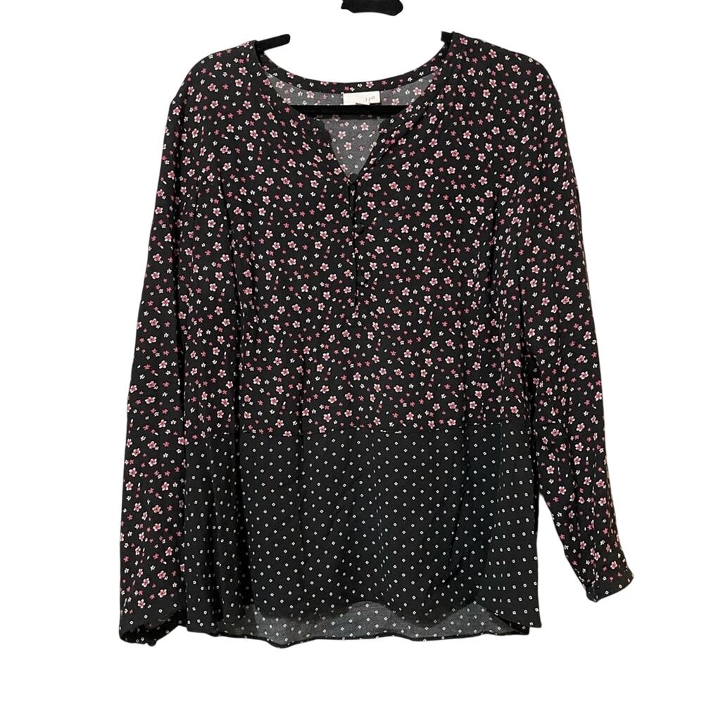 J Jill Black & Pink Ditsy Floral Long Sleeve Blouse Womens Medium Boho Casual